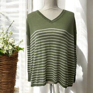 Lou & Grey Green & White Striped Linen-Cotton Lightweight Long Sweater M
